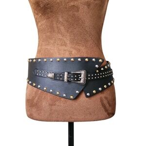 Martina Mori Italy Vintage Wide Black Leather Waist Belt Mixed Metal Studded TU